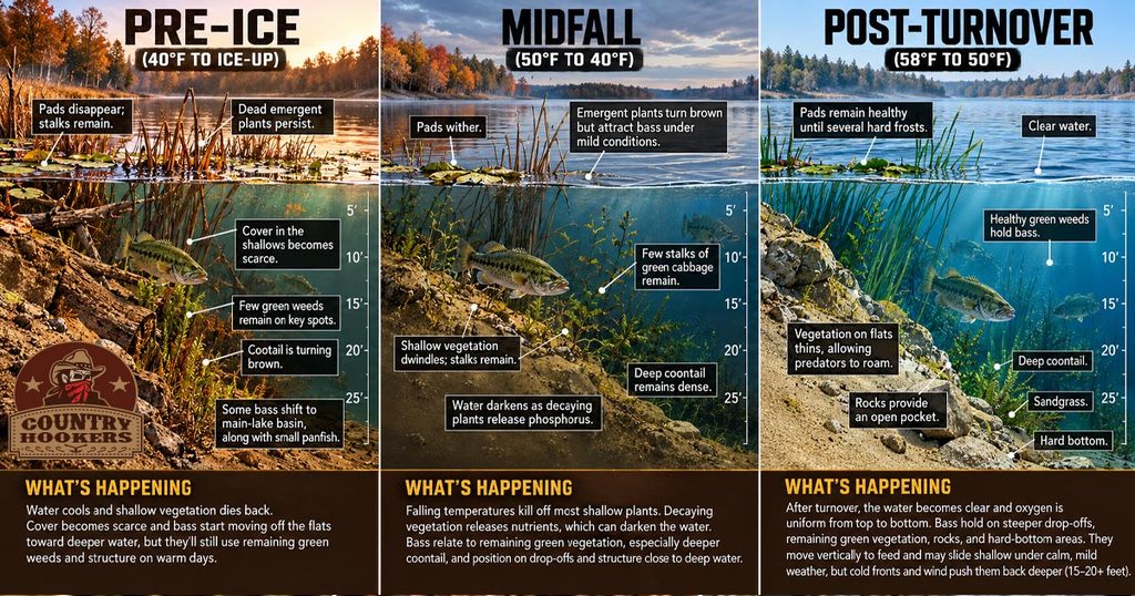 A look at How Lake Turnover, Dying Weeds, and Falling Water Temperatures Change Where Bass Hide